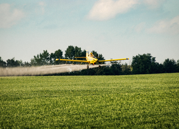 Plane flying over field
